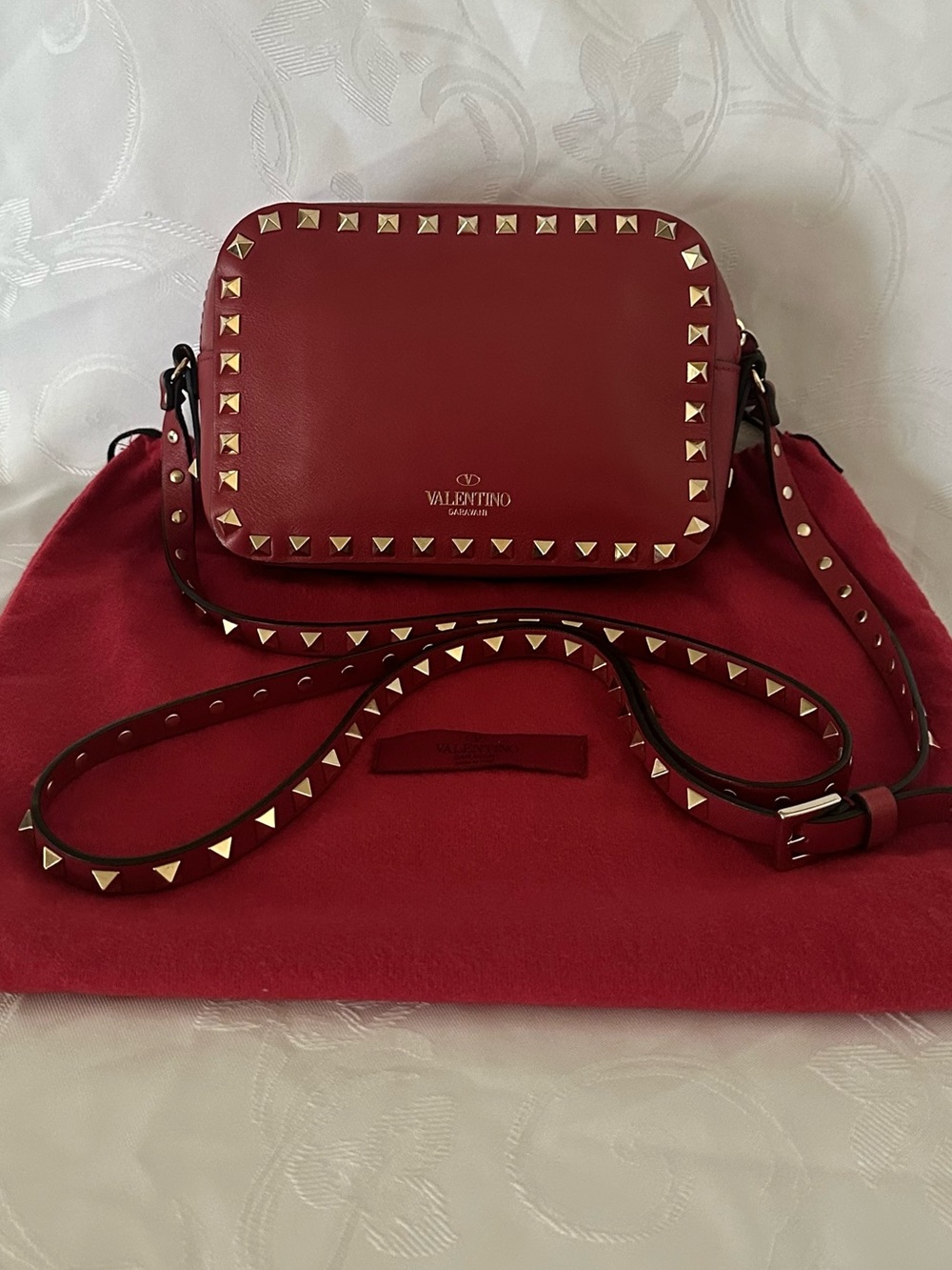 Valentino Garavani Red Rockstud Leather Camera Crossbody